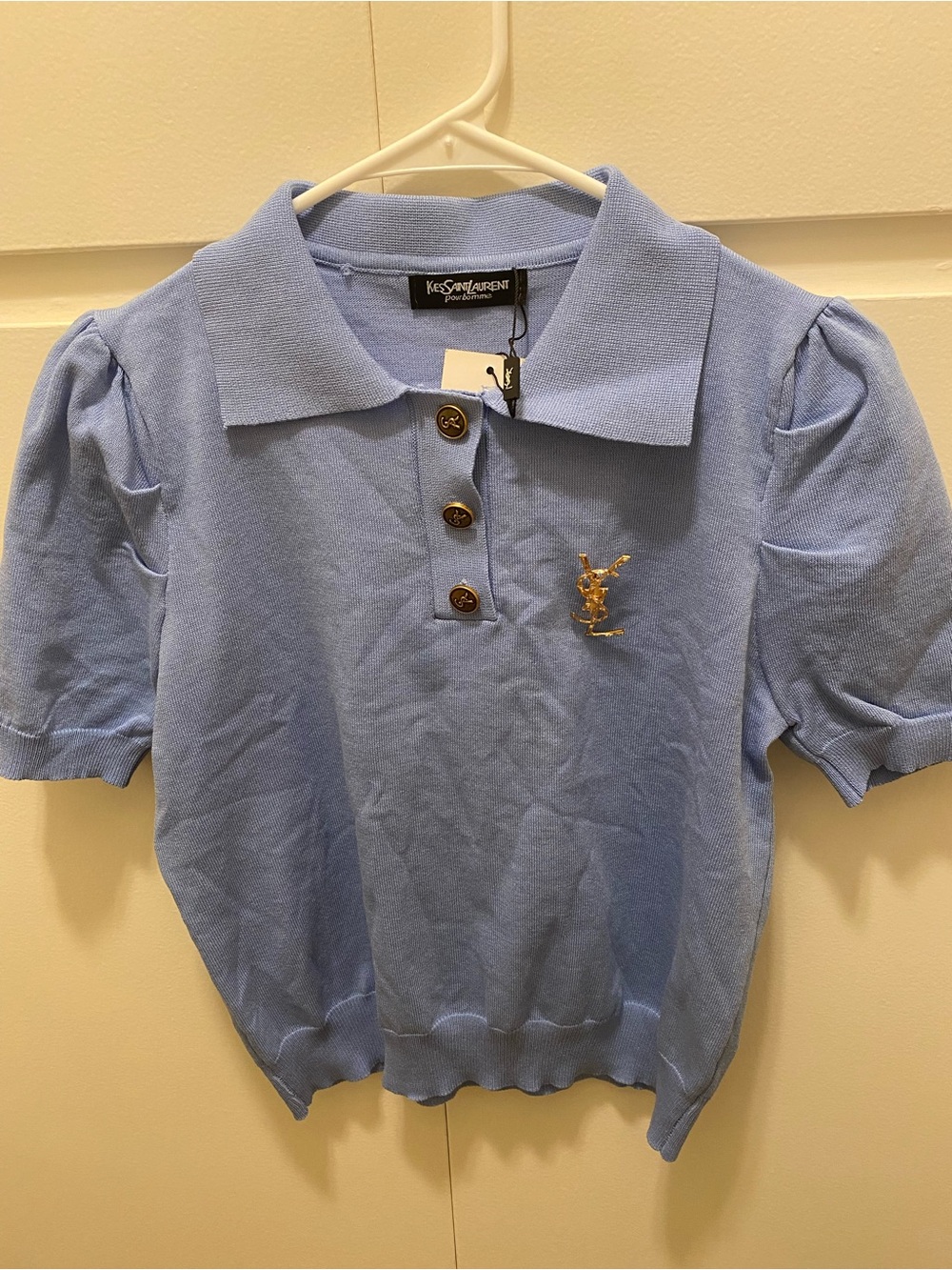 Yves Saint Laurent Light Blue Knit Polo with Gold YSL Emblem